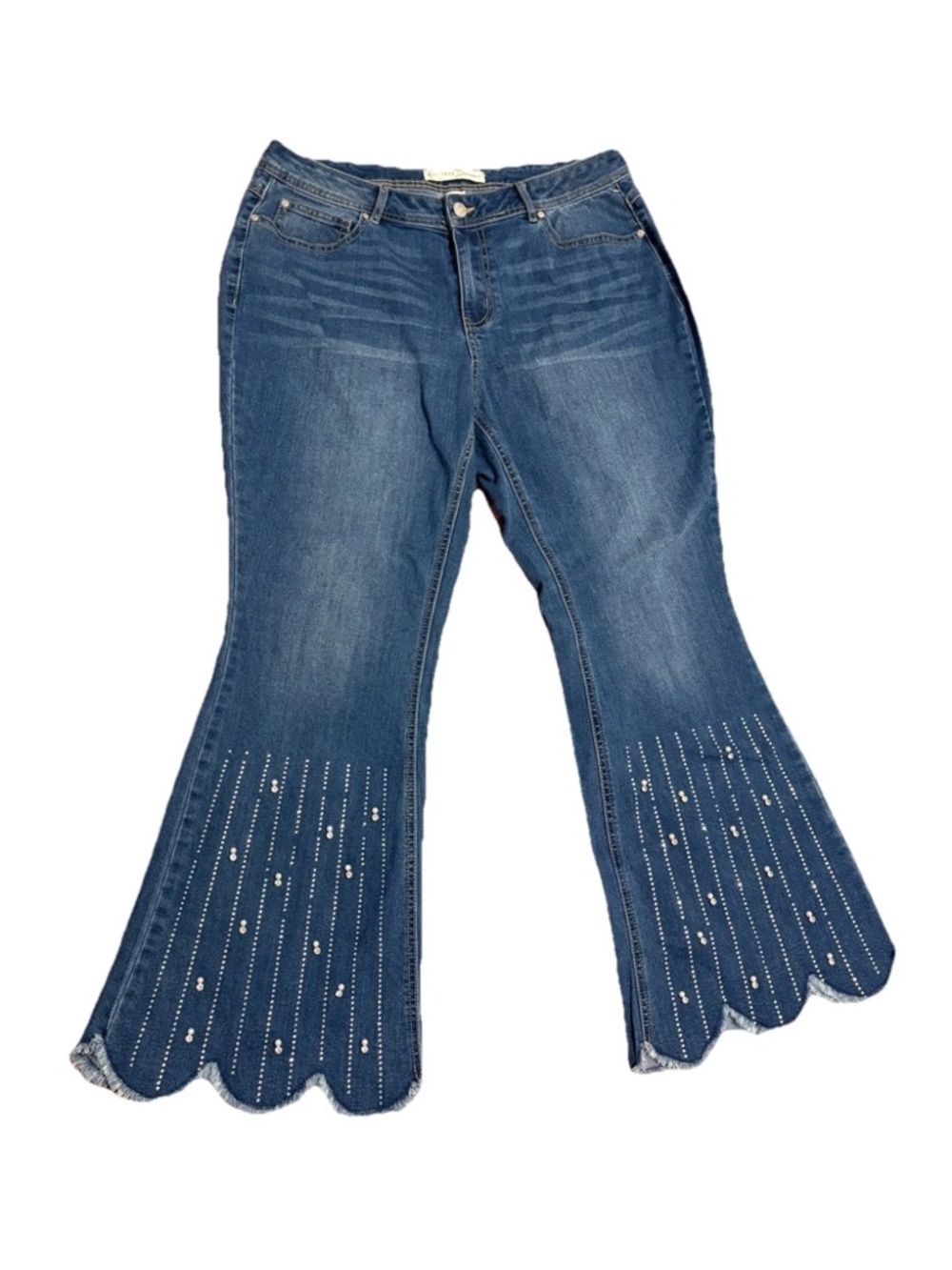 Women's Blue Scalloped Hem Embellished Flare Leg Jeans 16W